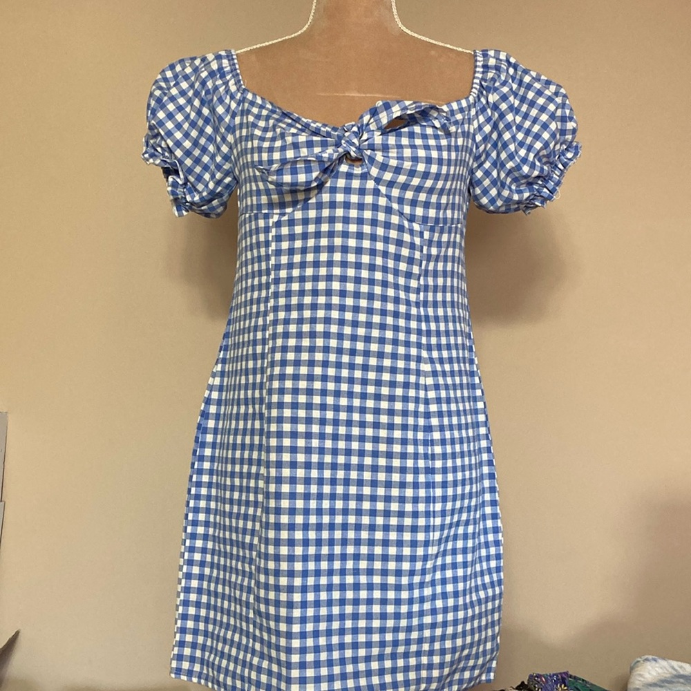 ⭐️⭐️ SHEIN Blue and White Mini Sundress with Puff Sleeves and Square Neck